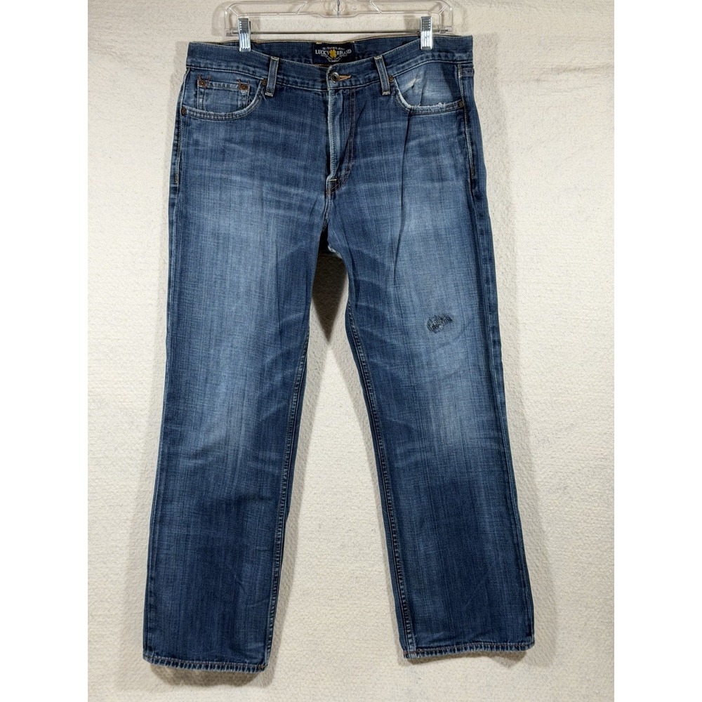 Lucky Brand Mens Jeans 34x30 Blue Distressed Straight Leg Y2K Grunge Denim